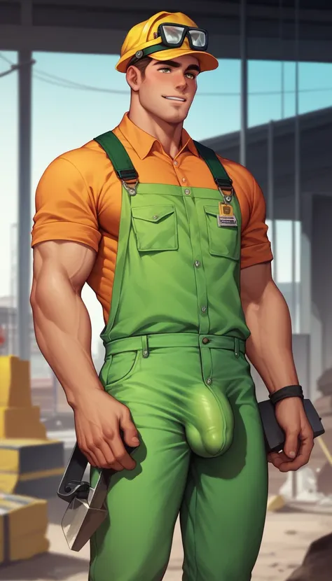 best quality, masterpiece, handsome man, muscular bodybuilder, construction worker gear, tight clothes, big bulge, penis outline, construction site, perfect fingers, sexy, gay, homoerotic, no watermark, no logo, no signature