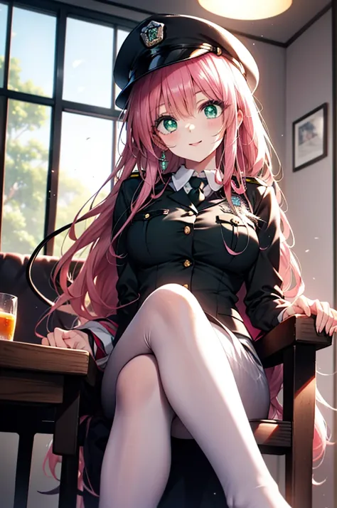 Lara Deviluke, Lara Deviluke, Long Hair, Pink Hair, tail, Ahoge, bangs, hair ornaments, (Green Eyes:1.5), smile,blush,Open your mouth,demon tail,Police hat with black rimmed glasses,Sexy police uniform,Black pencil skirt, black pantyhose,Stiletto heels,sit...