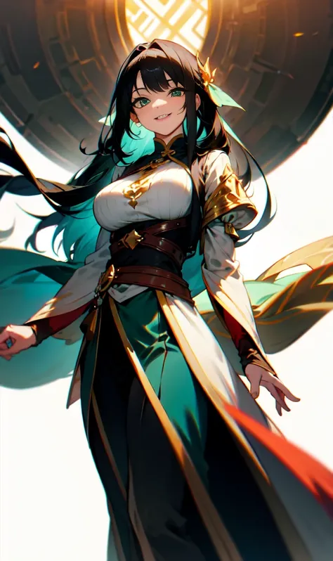 Older woman with large breasts wearing a fantasy world outfit while smiling slightly walking with light green eyes and long black hair covering her right eye