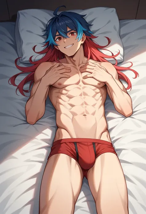 4k best Quality, アニメ, 1 cute male, Straight and Long Red Hair with Blue Highlights at the Tip, Kalvin Klain Black and Red Underwear, protuberance, wearing no shirt, naked legs, smiling, Lying in Bed with Hand on Chest.