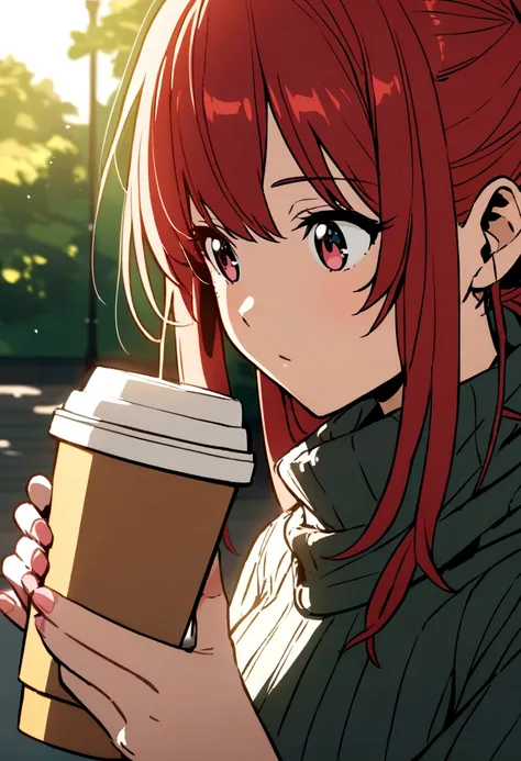 Red haired anime girl holding a takeaway coffee in a park