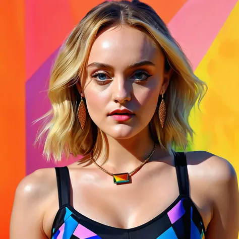 Young woman leighton Meester, Alicia Vikander blonde hair girl, Dakota Fanning, sports bra tank top, tight skirt, bold earrings, high heels, minimalist art, abstract, bold colors, 1girl, beautiful detailed eyes, beautiful detailed lips, extremely detailed ...