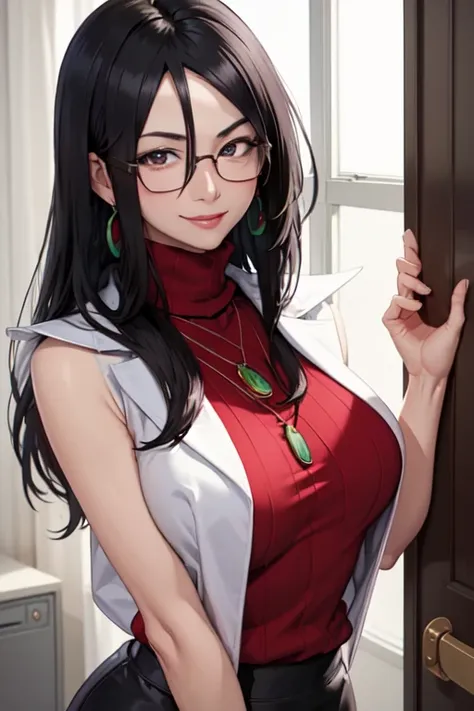 masterpiece, best quality, minazukikyouko, black hair, glasses, necklace, earrings, red sweater, turtleneck, sleeveless, black m...