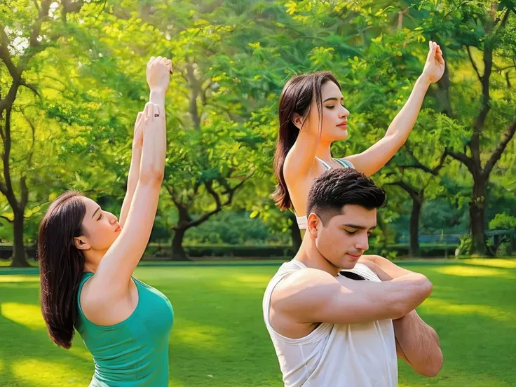 an adults couple performing morning stretches in a vibrant park, outdoor scene, warm sunlight, detailed human anatomy, flexible poses, serene expressions, lush greenery, blooming flowers, dappled shadows, cinematic composition, photorealistic, hyper detail...