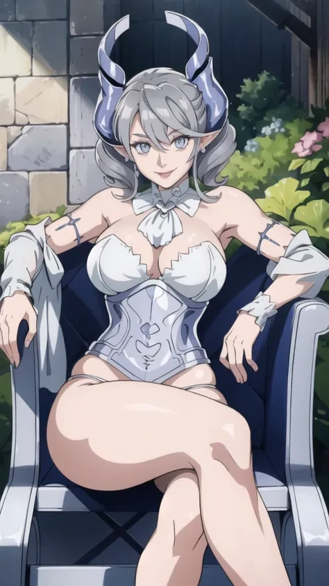 　garden sun light High level image quality　best image quality　8K　 adult woman   silver castle outside  more colors   whole body view　portrait　 bikini   　horn    ears  　short hair（（shortcut）（gray hair）（perm）（fluffy））　eye color is blue ,  , 　attractive evil ...