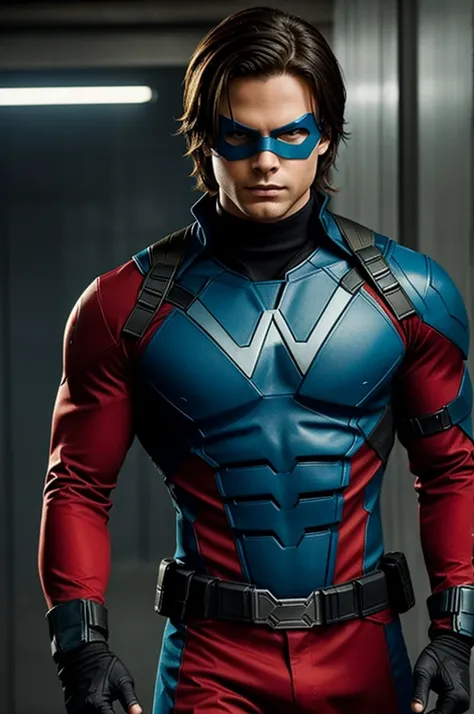 I would like a hero with a red suit similar to that of a nightwing, with the winter soldier mask, with cap, not so big in appearance, approximately 17 years old blonde with green eyes