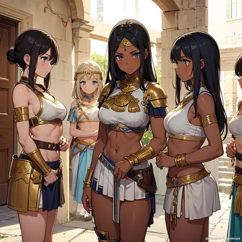 a beautiful Greek warrior standing guard at a door, Greek warrior, 3 girls ,tanned skin, brown skin, ancient Greece, classical Greece, black armor ,slim body, defined abdomen , warrior woman, short skirt, light armor, black hair, blue eyes , green eyes

