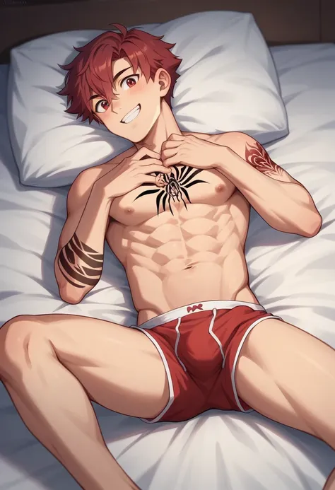 4k best Quality, アニメ, 1 cute male, Dark Red Hair, Straight and Long, Blue at the Tip, Kalvin Klain Black and Red Underwear, protuberance, wearing no shirt, naked legs, smiling, Lying in Bed with Hand on Chest, spider tattoo on neck.