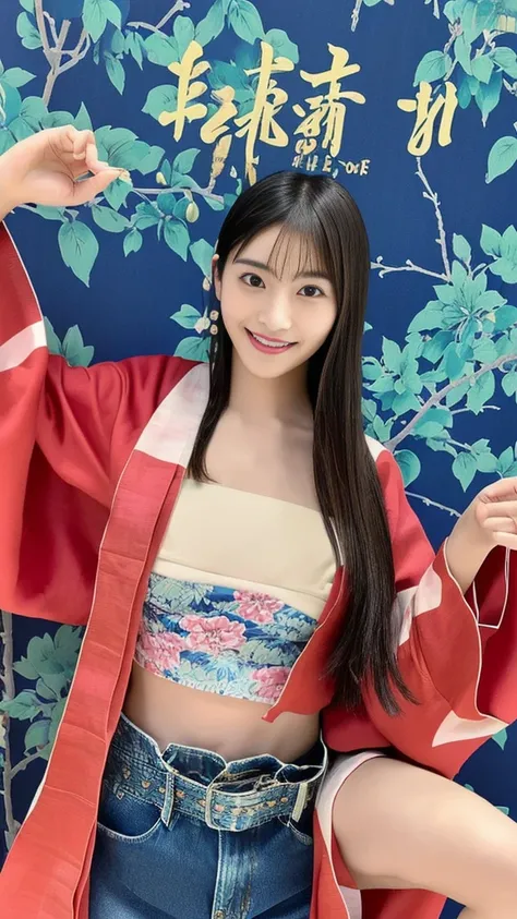 Asian woman in her fifties taking a photo wearing a kimono top and denim shorts, Young Gravure Idol, Young and cute gravure idol, Japanese Goddess, realistic Young Gravure Idol, shikamimi, Japanese Model, Young and skinny gravure idol, Young and sexy gravu...