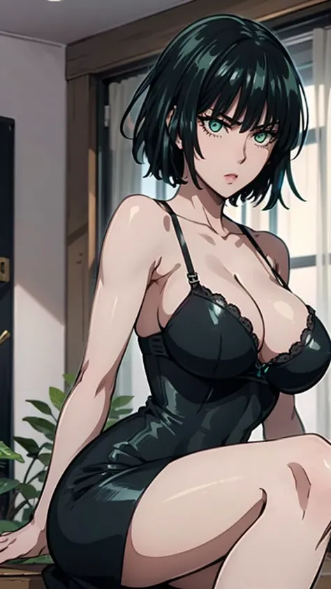 fubuki from One Punch Man, Masterpiece, Best Quality, 8k, UHD, ultra detailed, ,pose sexy, whole body ,Beautiful eyes, Beautiful hair, tight black dress, wearing black bra, Wear high heels, sexy leg, sexy tits, In the home