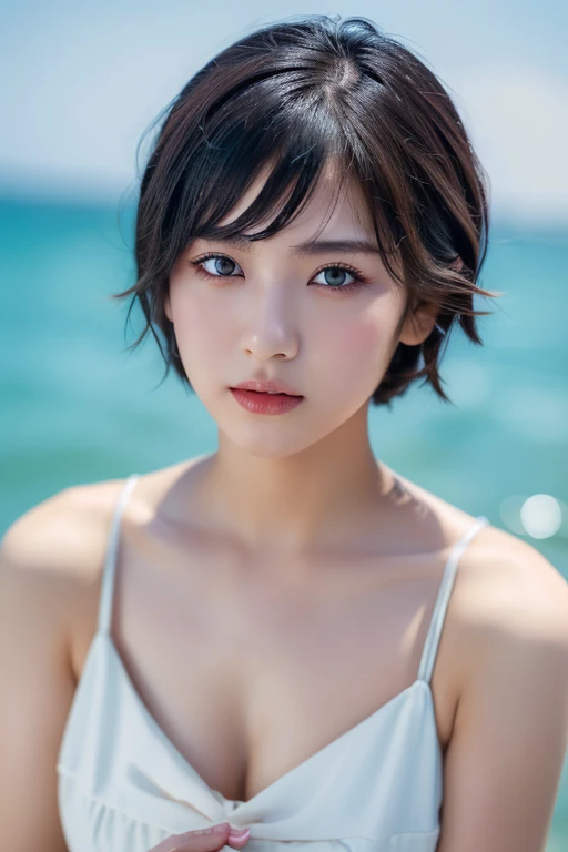 (award winning, 8k, super detailed, high resolution, best quality, photography, portrait), 1girl, solo, beautiful girl, beautiful eyes, detailed eyes, black eye, white dress, short hair, black hair ocean background.