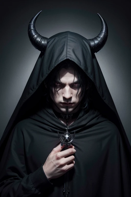 magician , Satanic , eyes black , horns on head , black cape with black hood , astaroth sigil