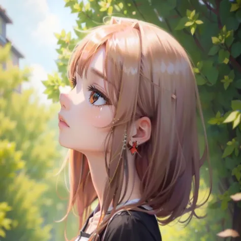 Long Short Hair、Reddish((Blonde))Anime girl with black eyes looking up to the sky, Smooth anime CG art, Realistic Anime 3D Style, Anime Girl Profile, Photorealistic Animation, Anime girl portrait profile, Photorealistic Animation girl render, 3D Anime Real...