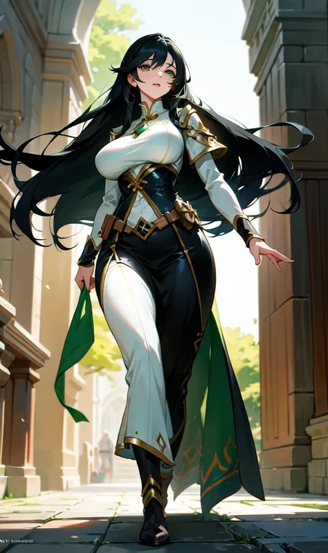 Older woman with large breasts wearing a fantasy world outfit while walking with light green eyes and long black hair covering her right eye