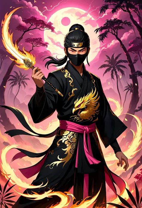 A mischievous ninja in midnight black traditional Chinese attire, golden accessories, stealthy stance, holding a phoenix-patterned kunai, mesmerizing eyes, palms edge lighten by gentle pink fire, epic air and lightning and forest bending shot, Gustatory-Au...