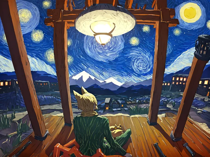 Human blonde boy in a green suit and a gold scarf next to a small orange fox both sitting with their backs looking at a mountain in the distance from the desert, you see a great starry night, but the colors are more vivid due to the pollution of the place