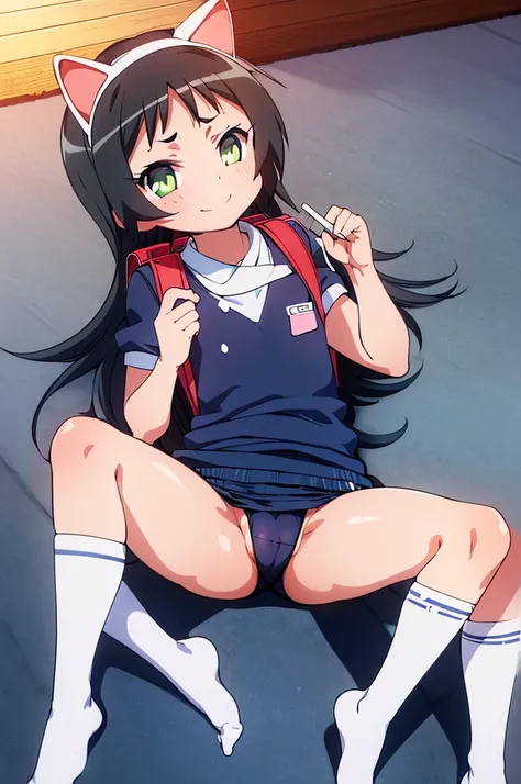 masterpiece, ultra quality, ultra sharp, ultra detailed, 1girl, solo, (((good anatomy))), haduki kurumi, (tattered torn dripping wet white gym shirt), navy gym pants, animal ears, randoseru, name tag, Japanese anime pose, laugh, BurumaShorts, Buruma, Gym U...