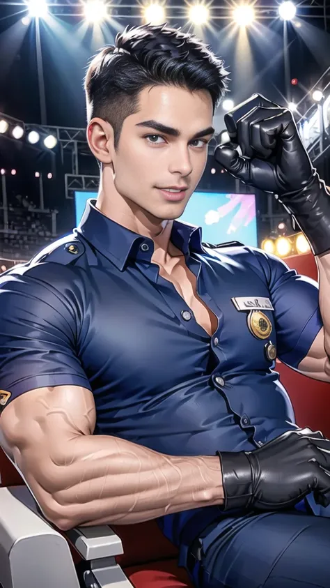 handsome man Lying down next to the stage on the table ,(crew cut short hair:1.2),black eye,smile,open mouth (navy police uniform and t-shirt:1.2),(open shirt short sleeves:1.2),collar,(shirt covered over:1.2),(name tag and Police badge:1.2),(shirt no butt...