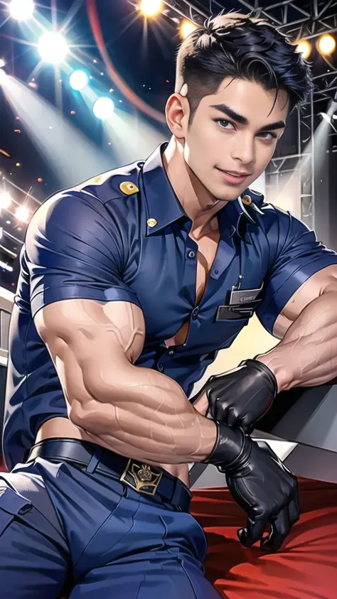 handsome man Lying down next to the stage on the table ,(crew cut short hair:1.2),black eye,smile,open mouth (navy police uniform and t-shirt:1.2),(open shirt short sleeves:1.2),collar,(shirt covered over:1.2),(name tag and Police badge:1.2),(shirt no butt...