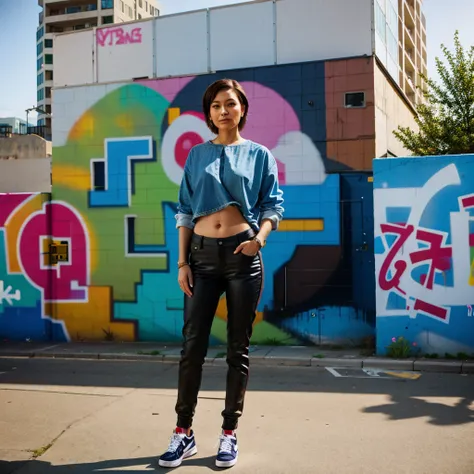 photograph in a city setting with graffiti walls or modern architecture in the background.