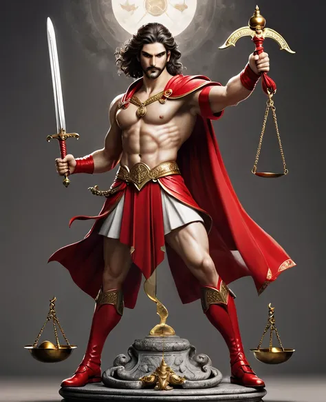 ((best qualityer)), ((work of art)), (detailded), man who represents the sign of libra, balance and justice, in one hand holding a sword and in the other holding a scale, dressed in a red outfit, and demonstrating, Strength and courage