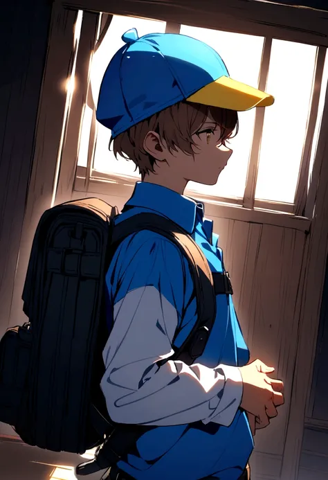 Brown haired boy, blue polo shirt, white sleeves, blue and yellow cap. black backpack, black belt.