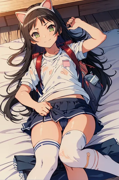 masterpiece, ultra quality, ultra sharp, ultra detailed, 1girl, solo, (((good anatomy))), haduki kurumi, (tattered torn dripping wet white gym shirt), navy gym pants, animal ears, randoseru, name tag, Japanese anime pose, laugh, BurumaShorts, Buruma, Gym U...