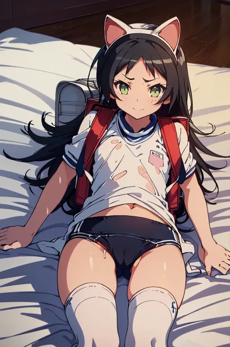 masterpiece, ultra quality, ultra sharp, ultra detailed, 1girl, solo, (((good anatomy))), haduki kurumi, (tattered torn dripping wet white gym shirt), navy gym pants, animal ears, randoseru, name tag, Japanese anime pose, laugh, BurumaShorts, Buruma, Gym U...