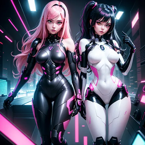 Two 2 sexy girls two Androids posing next to each other back to back half turn they with long pink hair in a pink suit with small yellow elements woman half cyborg modification Beautiful sexy with bright yellow eyes stands in full height half turn sideways...