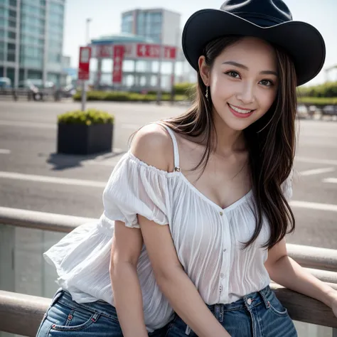  32 year old girl, very thin, with mini Texan brim, posing for photo, on the seafront in summer, en jar, smiling, dark black hair, light brown eyes