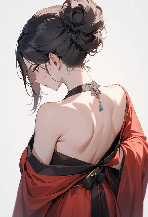 Mature women，Black long hair，Hair up，Red Hanfu，Showing cleavage，Show your shoulders，Show your back，Beautiful black eyes，Extremely detailed，high resolution，Simple background