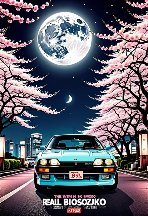 ((masterpiece)), ((Best quality)), ((A high resolution)) ((4K)) ((real photo)) 90s retro poster,  with Japanese cars , tuning in bosozoku style ((Natural light)) night, big moon, Cherry blossoms, Japanese style inscriptions on the poster , like a magazine ...