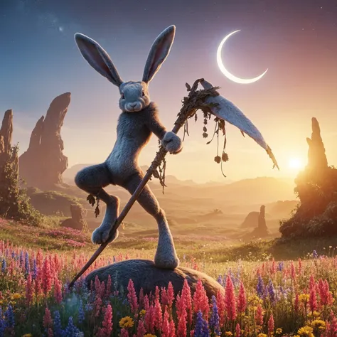 Real photo, extremely realistic. a humanoid rabbit has a huge sickle. It is in a field of magical flowers and in the background you can see the silhouette of the moon