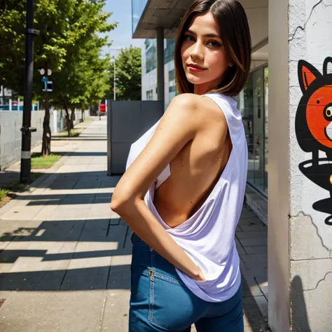 photograph in a city setting with graffiti walls or modern architecture in the background.
clear face, looking hot, hot outfit