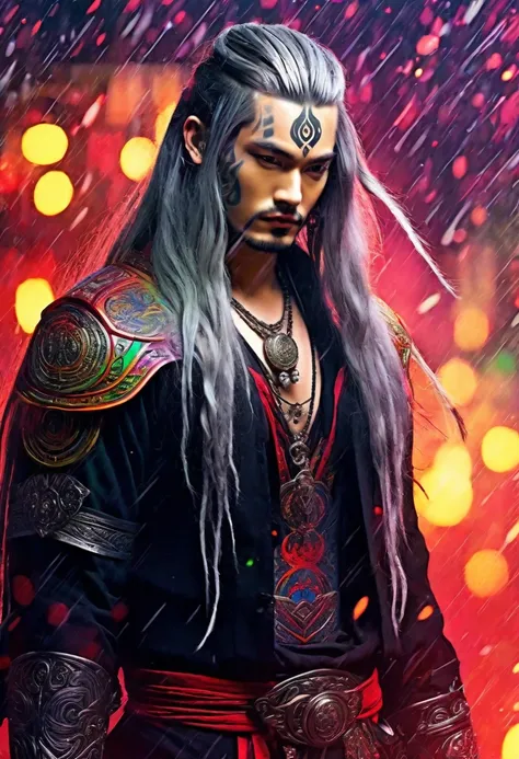 an ethereal sultryseductivedemonic 20 year old anime male druid with metallic long hair and tattoos, intimately holding and almo...