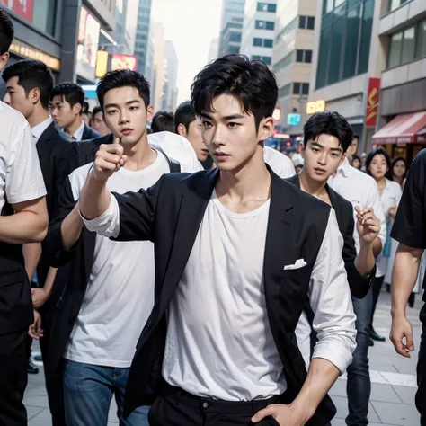 a very handsome a korean man as if he came out of a mens shower gel advertisement, (wondering), shirt, active, on the street, crowded