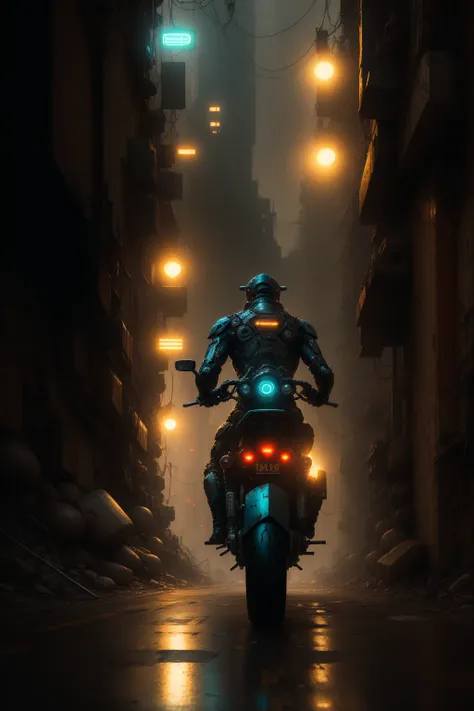 detailed cyberpunk motorcycle, futuristic motorcycle, riding on the road, motorcycle from behind view, 1 person riding motorcycle, intricate details, High resolution, 8k, Photorealistic, hyper detailed, cinematic lighting, dynamic motion blur, gritty urban...