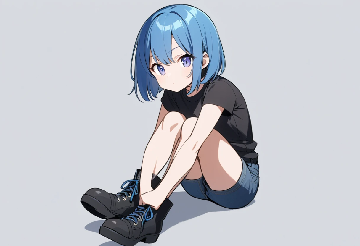 Blue Hair　Anime characters　biceps　Black short sleeve T-shirt　denim　boots　girl　Sitting cross-legged　Medium short hairstyle