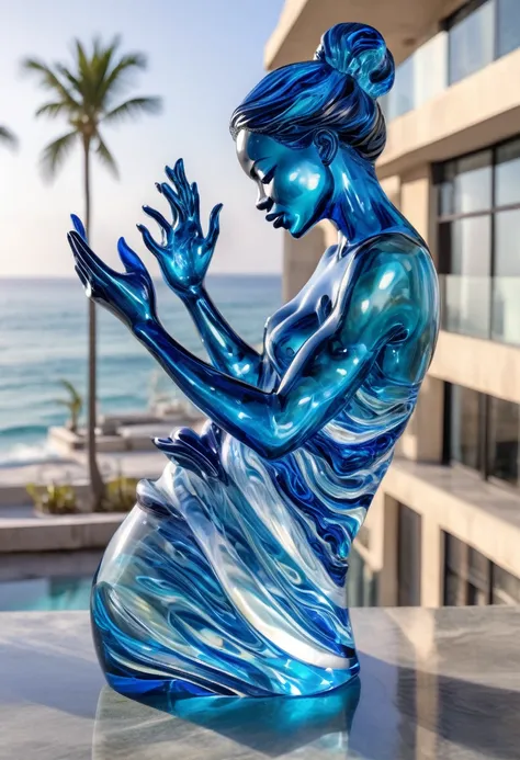 a glass sculpture art attached to a building wall, a glass sculpture art of a black woman stretching her left hand until she touches the nose of a happy dolphin, the glass sculpture is highly detailed with ocean waves included, 32k, ultra HD