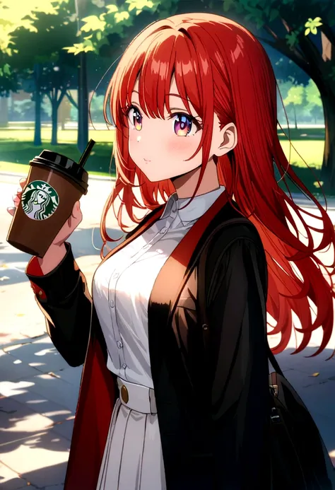 anime girl with red hair holding a starbucks cup and a coffee, mysterious coffee shop girl, anime girl drinks energy drink, anime style 4 k, marin kitagawa fanart, 4k anime wallpaper, anime visual of a cute girl, anime wallpaper 4k, anime wallpaper 4 k, yo...