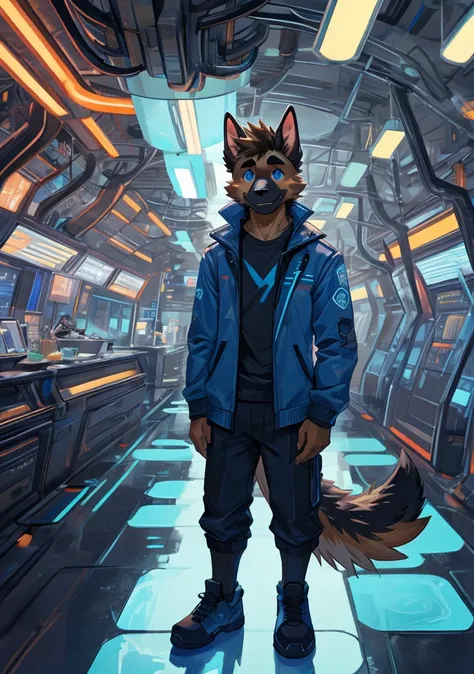 panoramic, Character Focus Solo, Bright Eyes, big tail, athletic male german shepard, Casual wear, head sideways, smiling, blue eyes, teenager, cute face, One meter seven, Handsome, young style, masterpiece, standing in a futuristic room, 