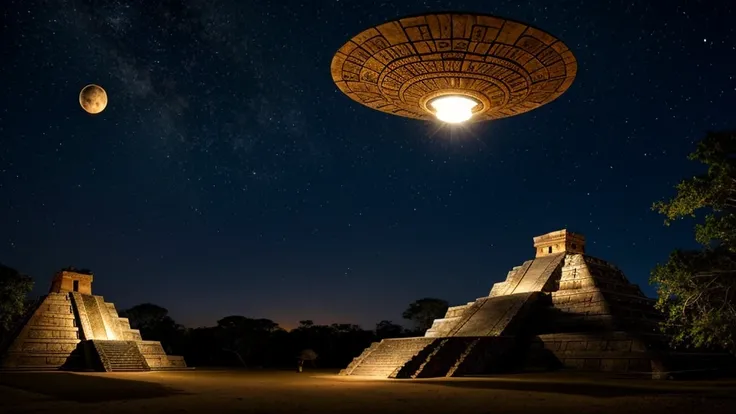 Mayan civilization and the flying saucer above, at night