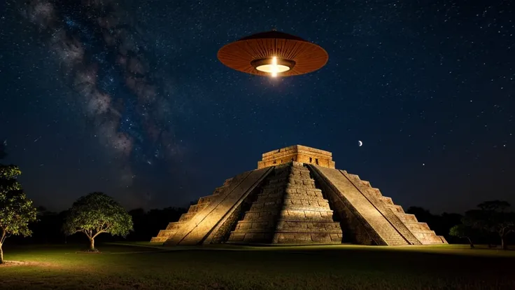 Mayan civilization and the flying saucer above, at night