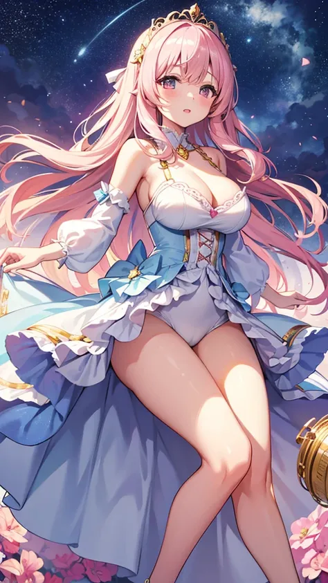 Masterpiece、Highest quality、Super detailed、1 girl、Light pink hair、Fluffy and soft long hair、Starry Skyのような瞳、Big Tits、Cleavage、Cinderella&#39;s Dress、Castle、snow、12 oclock clock clock、Starry Sky、Shimmering dresses、smile、Earrings、choker、Lace cape