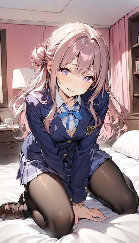 anime girl in uniform sitting on a bed with her legs crossed