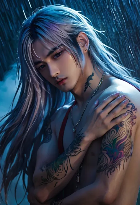 an ethereal sultryseductivedemonic 20 year old anime male druid with metallic long hair and tattoos, intimately holding and almo...