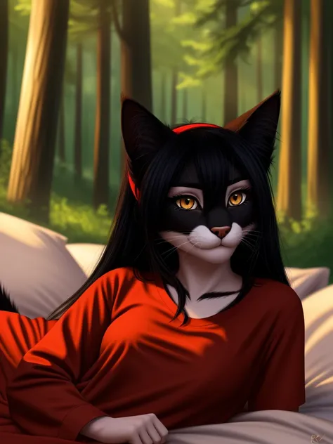 Posing, lying in bed, Female, 30 years old, cute, eyeliner, long hair, sad, red dress, bedroom eyes, anthro, cat ears, (black fur:1.5), baggy shirt, cat, forest background, 8k, hi res, (best quality, masterpiece), amber eyes