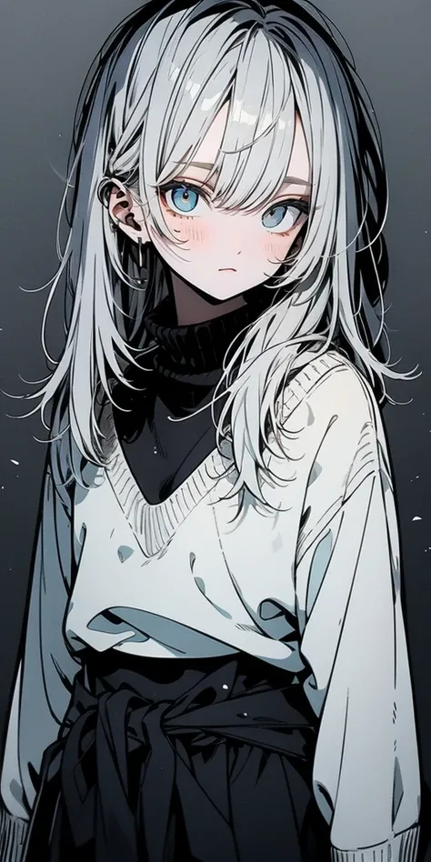 Beautiful youth, Shoulder-length hair, Straight hair, Dull light blue hair, White High Neck Sweater, Long, narrow eyes, Grey Eyes, I touch your head, Front view, Composition from the waist up, Nice, good looking,high quality, elicit amount, Pixiv illustrat...