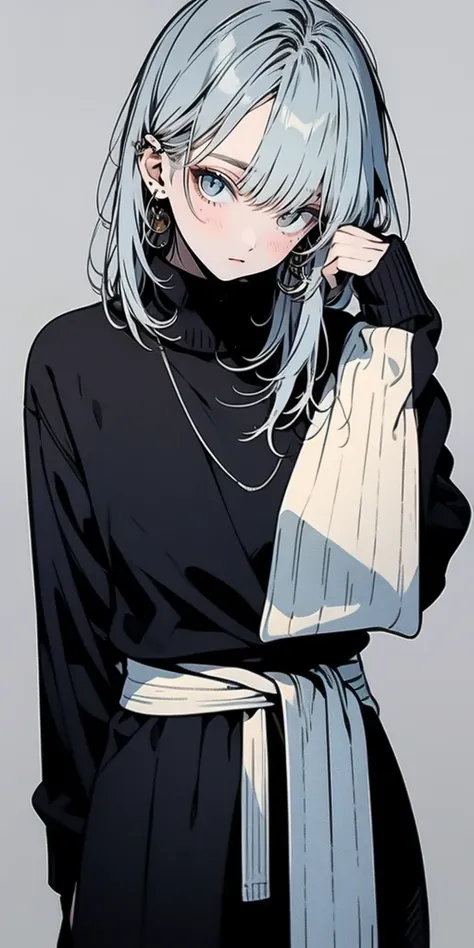 Beautiful youth, Shoulder-length hair, Straight hair, Dull light blue hair, White High Neck Sweater, Long, narrow eyes, Grey Eyes, I touch your head, Front view, Composition from the waist up, Nice, good looking,high quality, elicit amount, Pixiv illustrat...