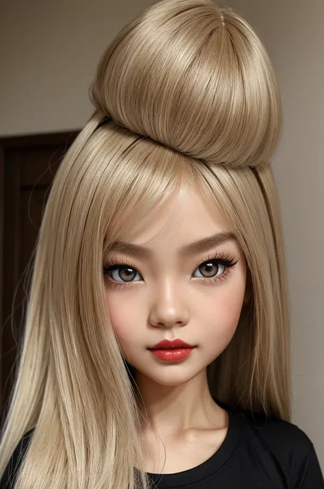 ((best quality)), ((masterpiece)), (detailed), perfect face Specifically, I want a blythe doll with white skin, slightly slanted eyes (Asian), slightly wavy, long, ash blonde hair, strictly NO bangs, I dont want hair on the forehead!!!!,  brown eyes, dark ...